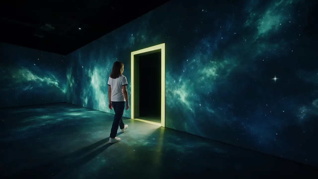 A student walking towards the portal in a room with galaxy projections