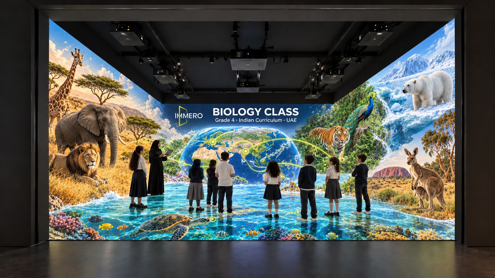 Illustration of students comparing animals and habitats in an immersive biology lesson
