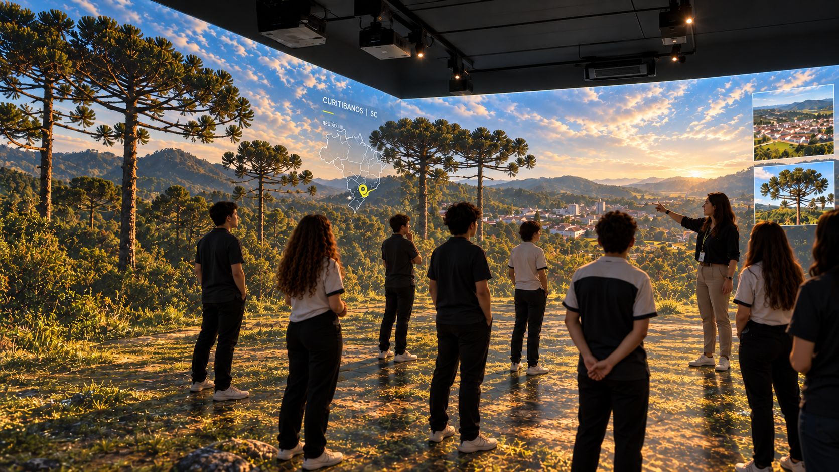 A class in the immersive room with projections of the Curitibanos landscape in Santa Catarina, Brazil