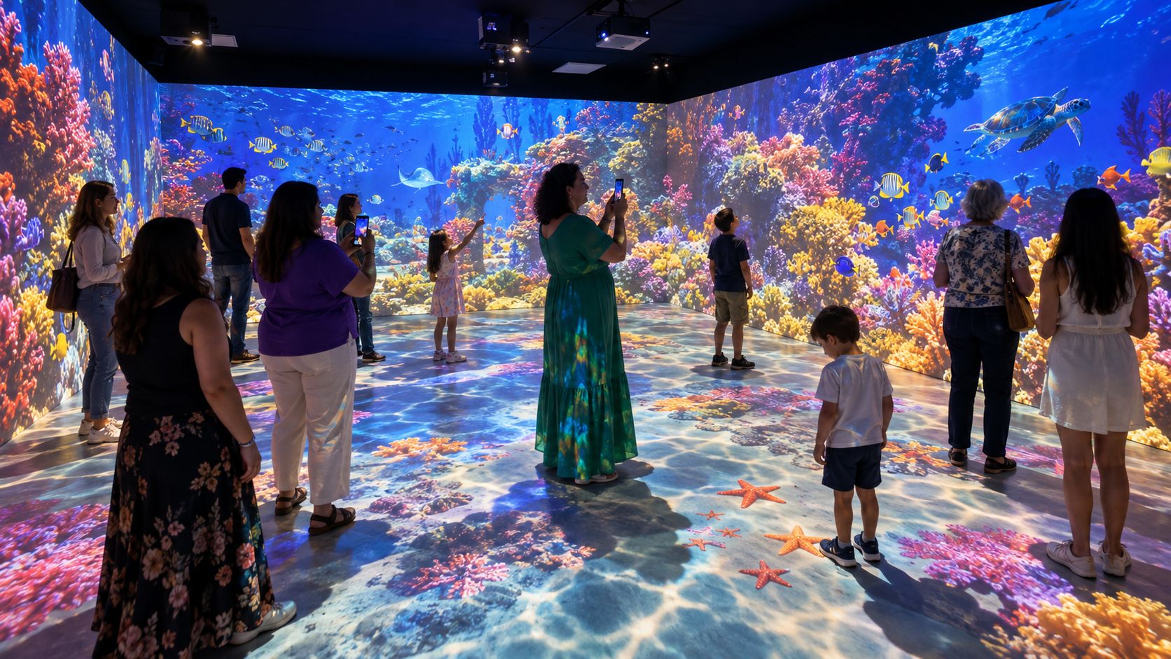 People exploring a projected marine environment in the Curitibanos room