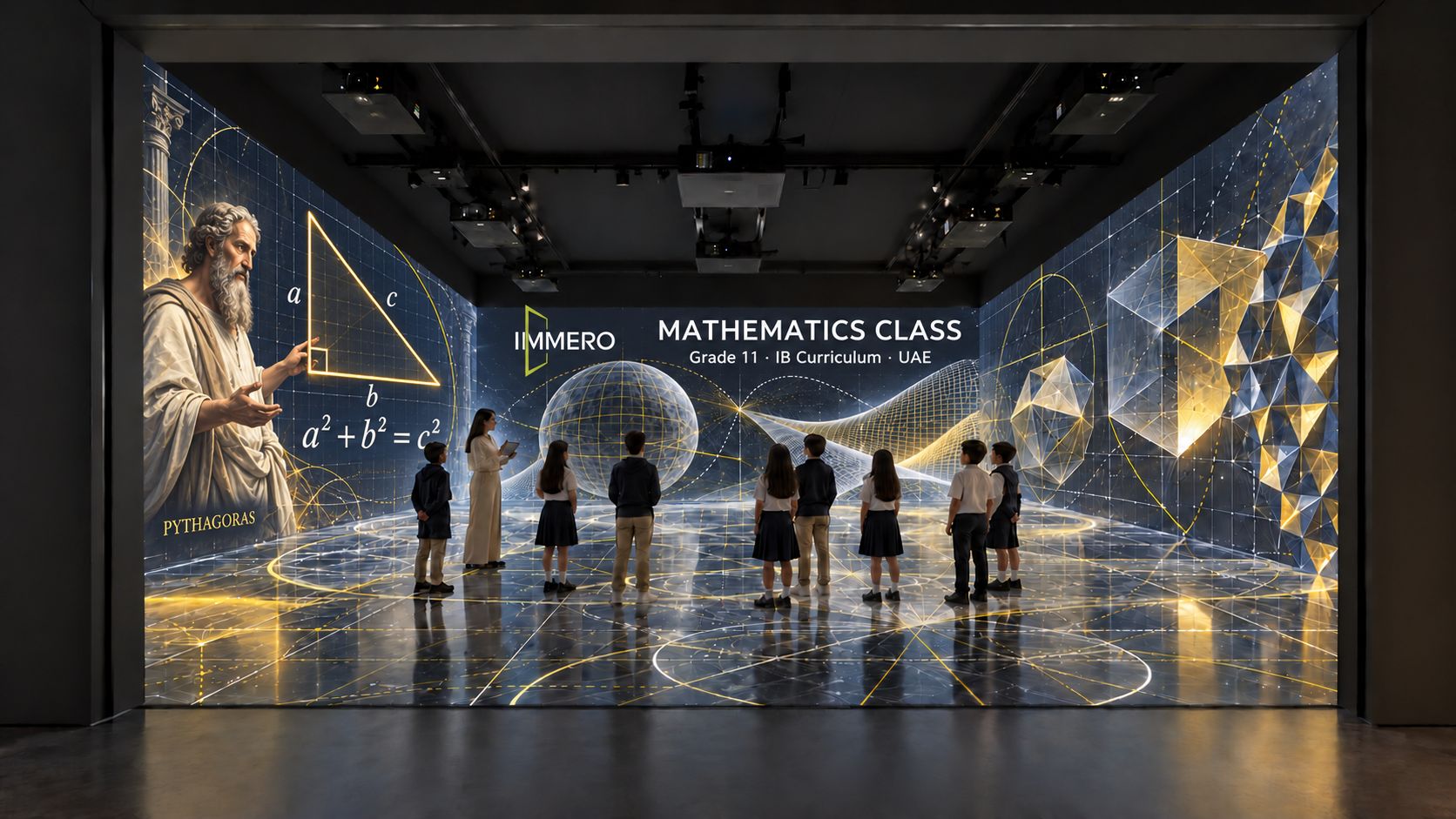 Illustration of an immersive mathematics class with Pythagoras, geometric solids and equations projected on the walls