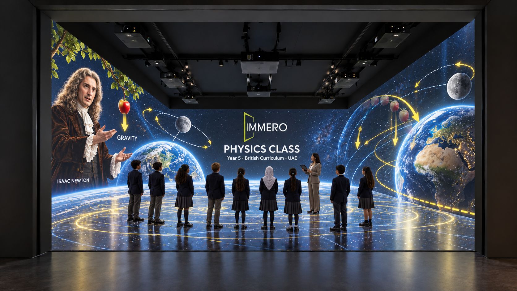 Illustration of a class exploring gravity with Newton and planets projected around the immersive room