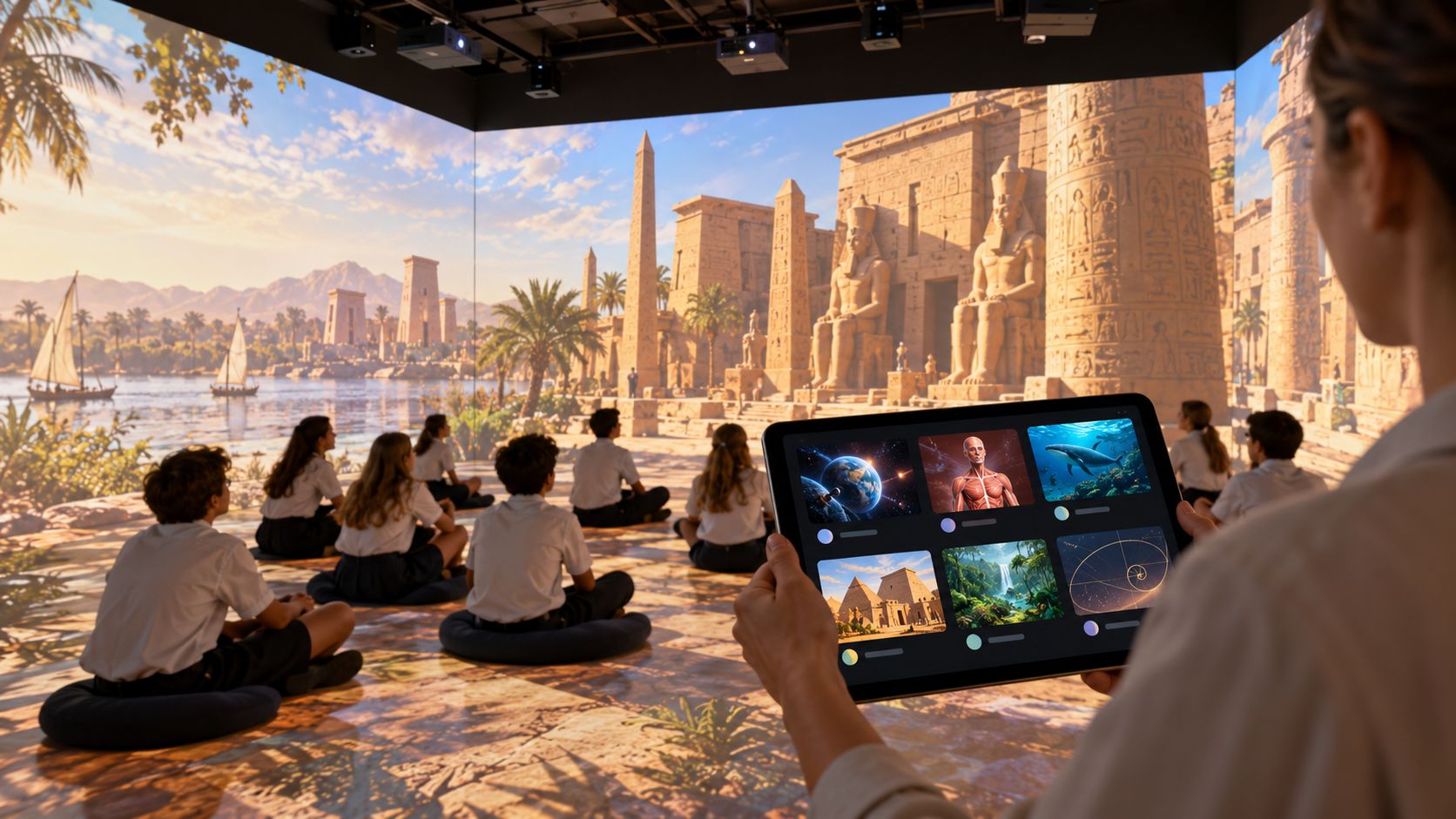 Illustration of a teacher using a tablet to guide students through an immersive Ancient Egypt lesson