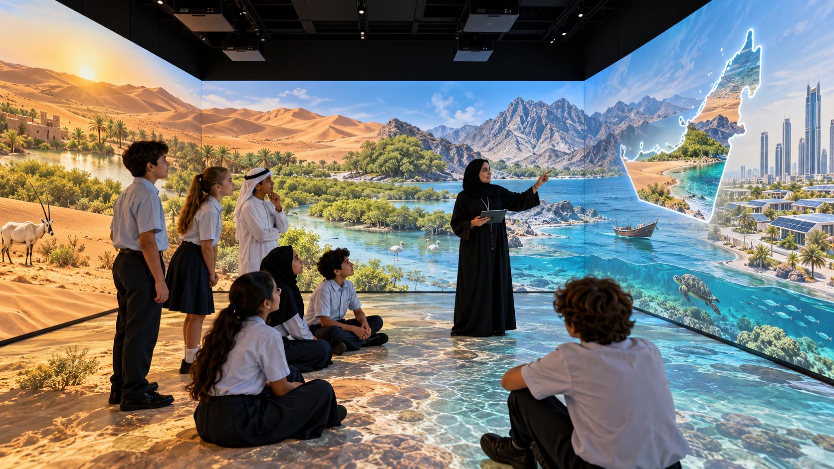 Illustration of a teacher leading students through projected desert, mountain, mangrove and coastal landscapes of the UAE